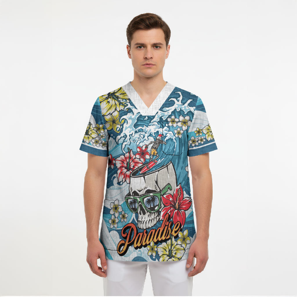 Hawaii Santa Skeleton Surfing Personalized Scrub Top Mele Kalikimaka i Iulai! LT9 - Polynesian Pride