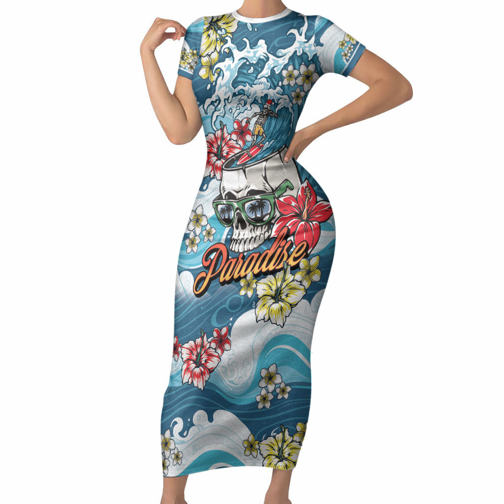 Hawaii Santa Skeleton Surfing Personalized Short Sleeve Bodycon Dress Mele Kalikimaka i Iulai! LT9 Long Dress Blue - Polynesian Pride