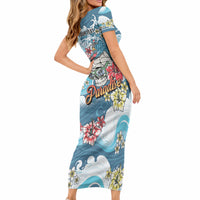 Hawaii Santa Skeleton Surfing Personalized Short Sleeve Bodycon Dress Mele Kalikimaka i Iulai! LT9 - Polynesian Pride