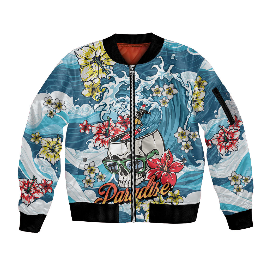 Hawaii Santa Skeleton Surfing Personalized Sleeve Zip Bomber Jacket Mele Kalikimaka i Iulai! LT9 Unisex Blue - Polynesian Pride