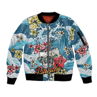 Hawaii Santa Skeleton Surfing Personalized Sleeve Zip Bomber Jacket Mele Kalikimaka i Iulai! LT9 Unisex Blue - Polynesian Pride