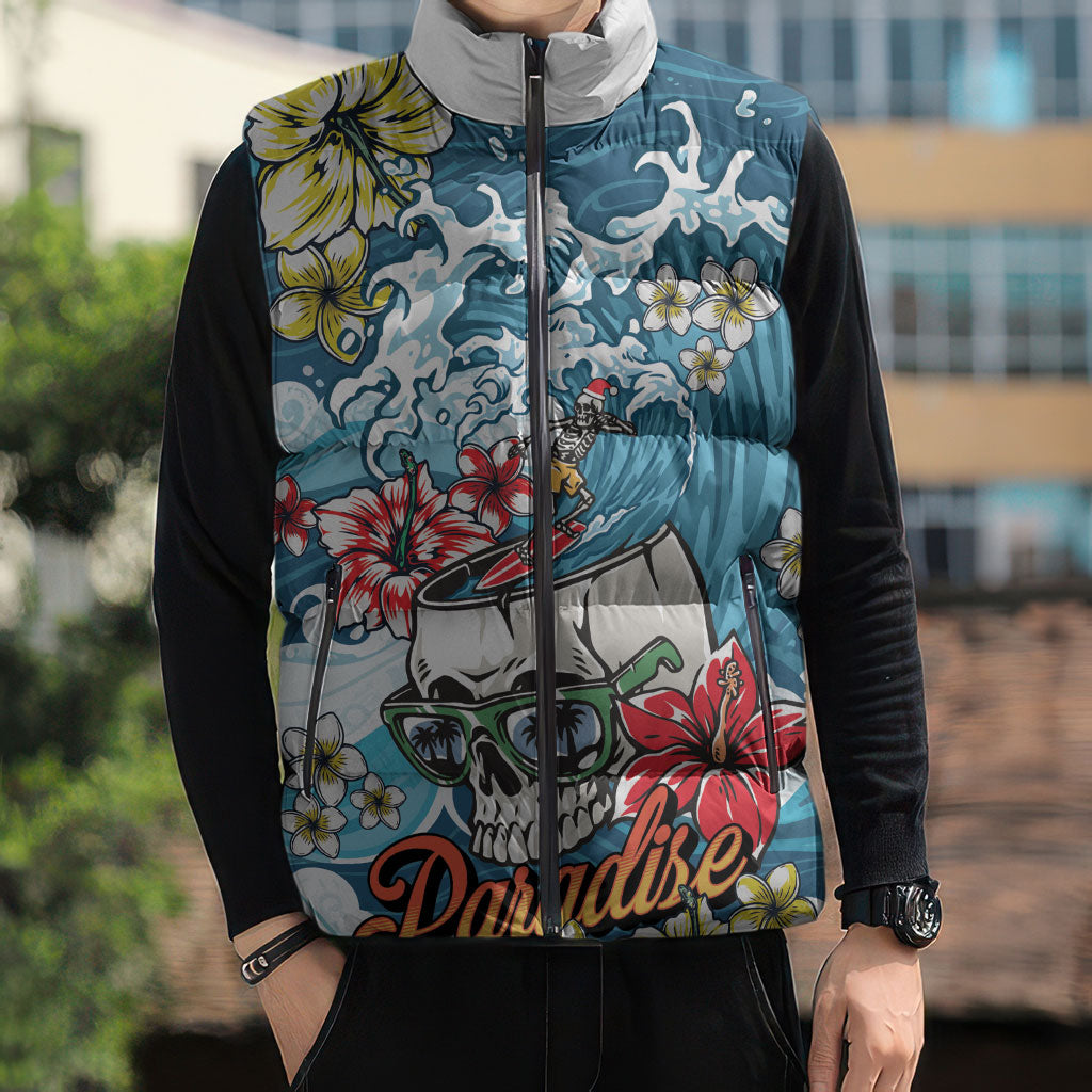 Hawaii Santa Skeleton Surfing Personalized Sleeveless Puffer Jacket Mele Kalikimaka i Iulai! LT9 - Polynesian Pride