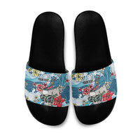 Hawaii Santa Skeleton Surfing Personalized Slide Sandals Mele Kalikimaka i Iulai! LT9 Blue - Polynesian Pride