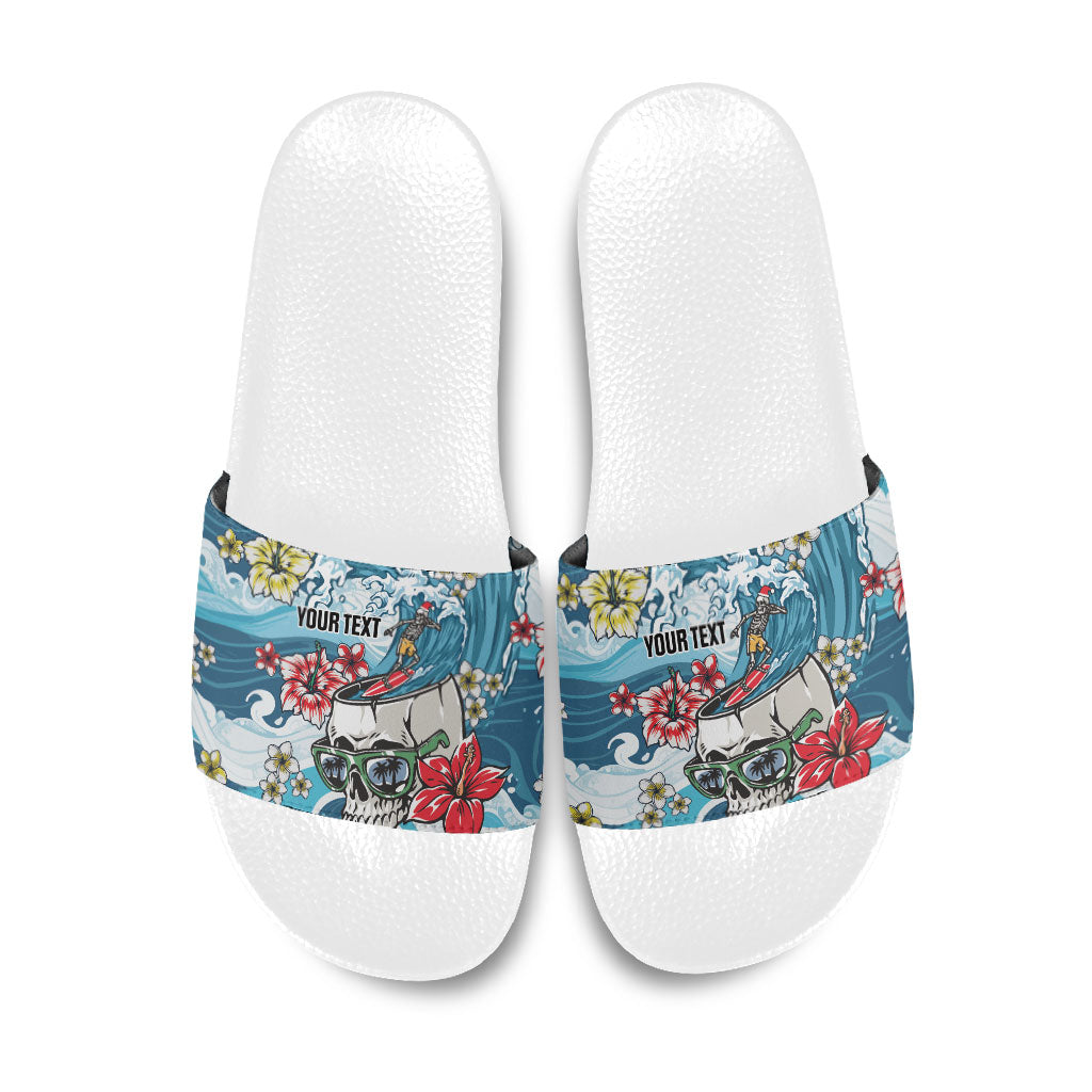 Hawaii Santa Skeleton Surfing Personalized Slide Sandals Mele Kalikimaka i Iulai! LT9 Blue - Polynesian Pride