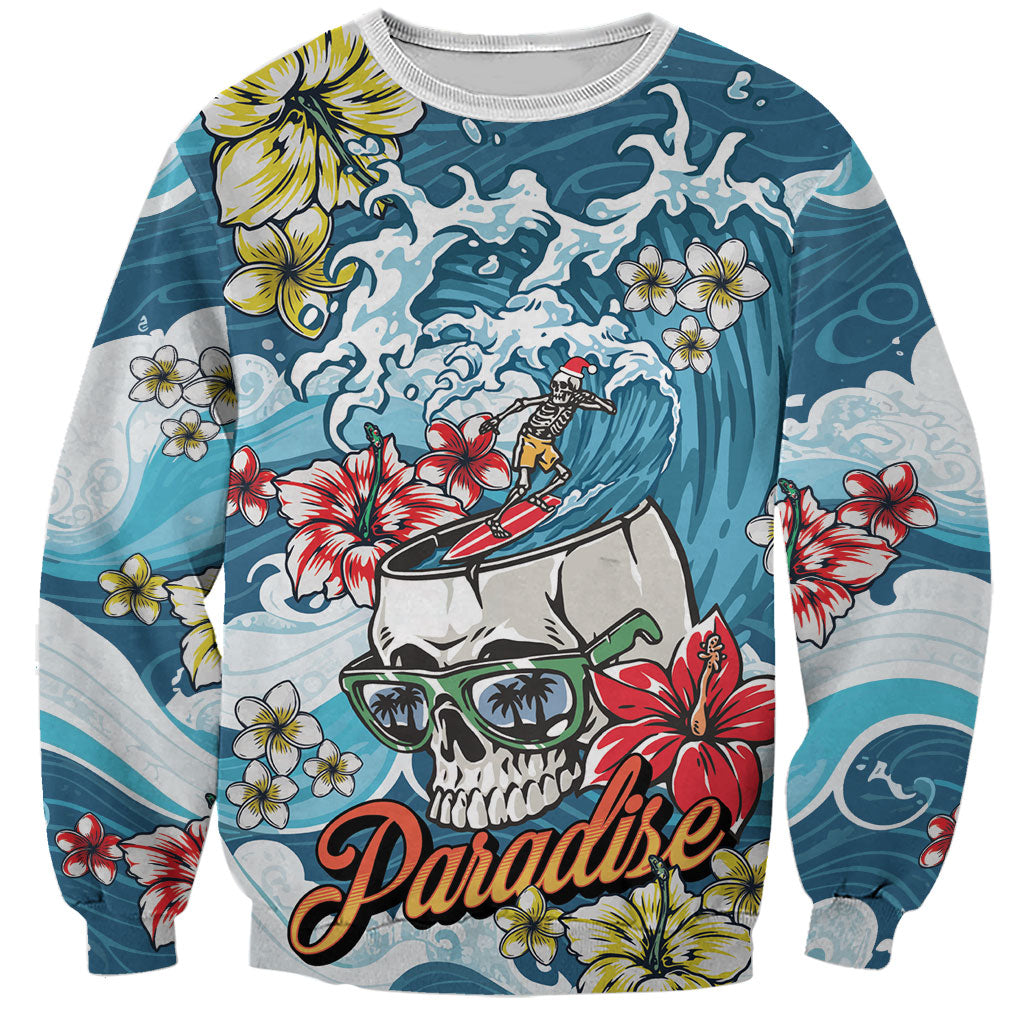 Hawaii Santa Skeleton Surfing Personalized Sweatshirt Mele Kalikimaka i Iulai! LT9 Unisex Blue - Polynesian Pride