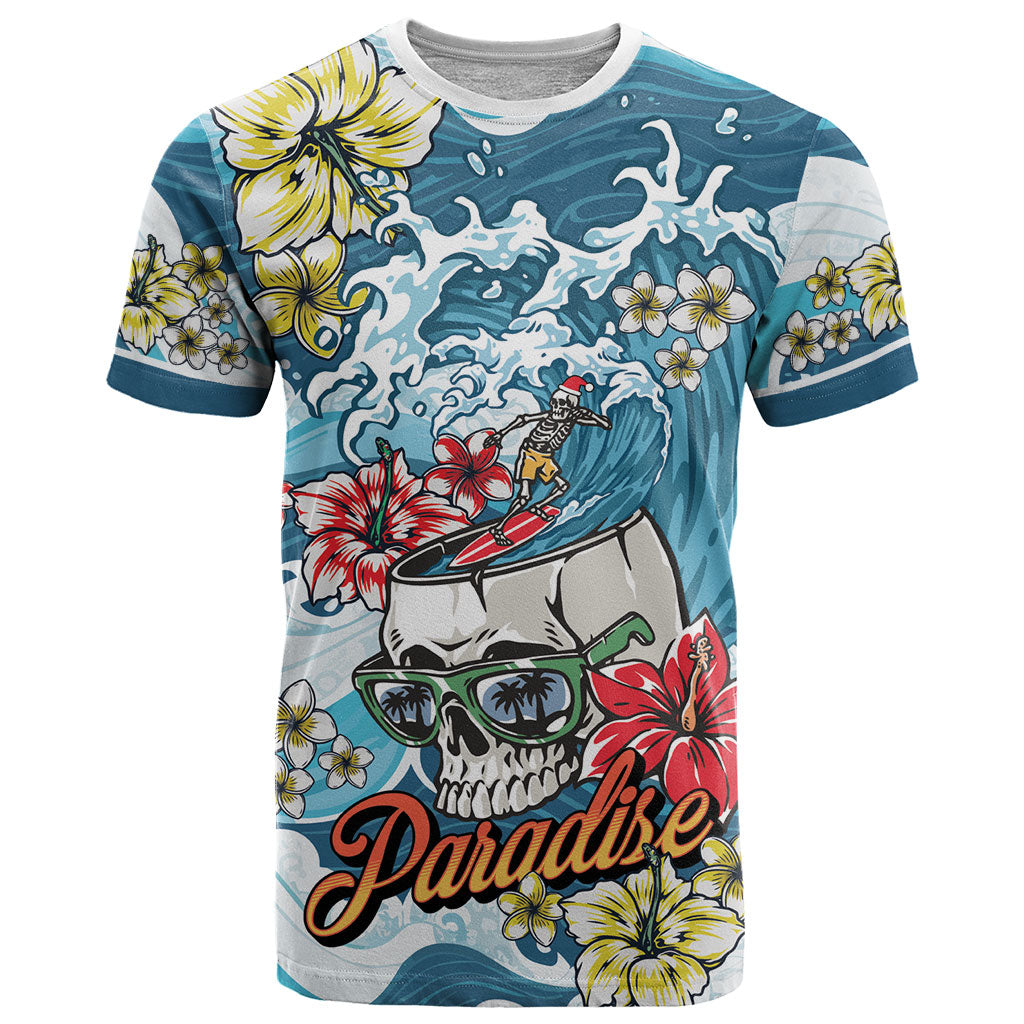 Hawaii Santa Skeleton Surfing Personalized T Shirt Mele Kalikimaka i Iulai! LT9 Blue - Polynesian Pride