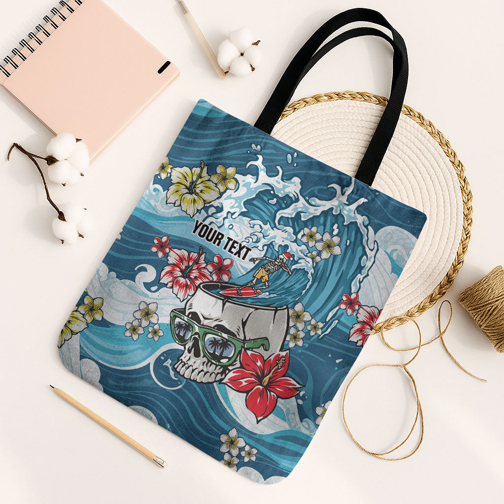 Hawaii Santa Skeleton Surfing Personalized Tote Bag Mele Kalikimaka i Iulai! LT9 Black Strap One Size Blue - Polynesian Pride