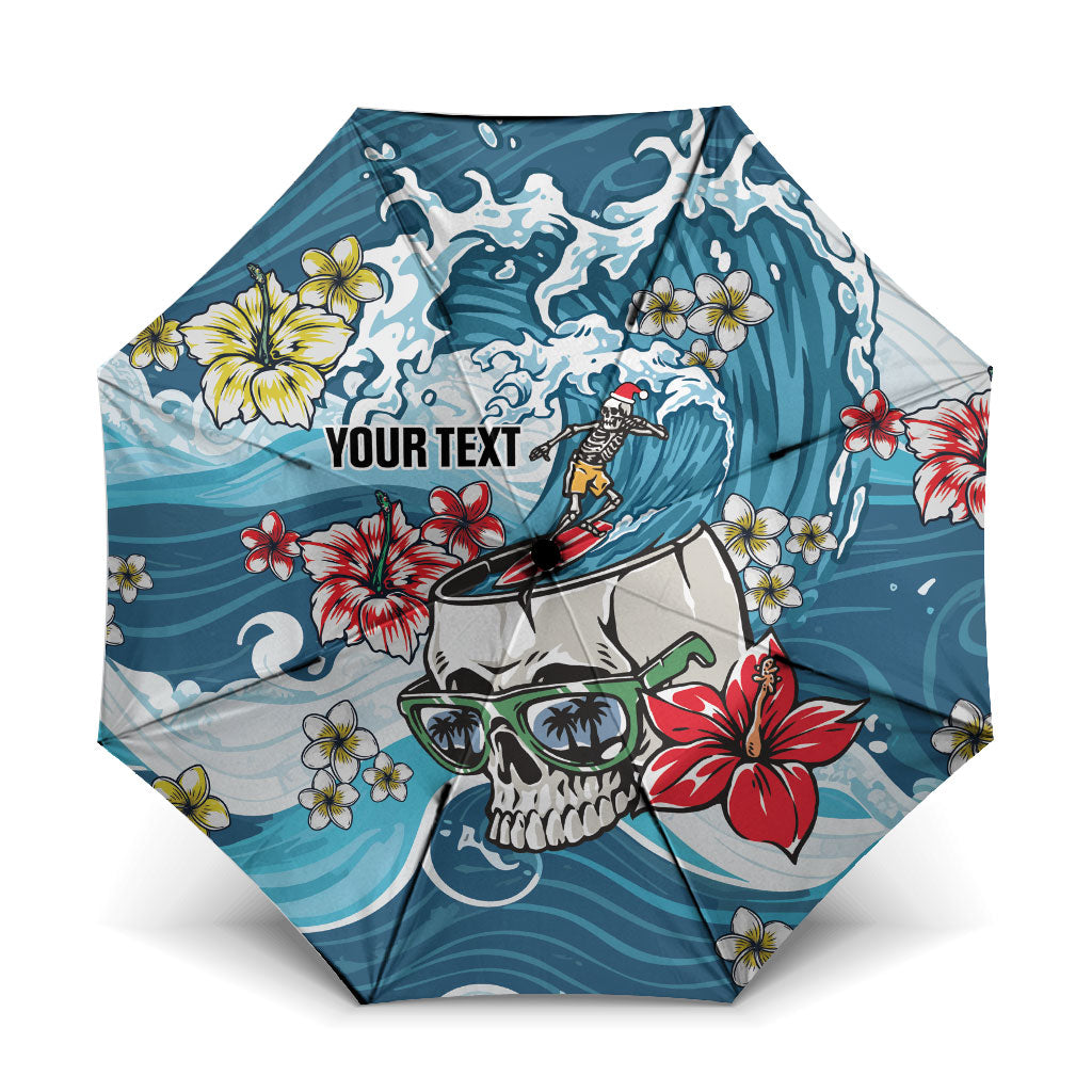 Hawaii Santa Skeleton Surfing Personalized Umbrella Mele Kalikimaka i Iulai! LT9 One Size Folded 11.42 inch Opened Diameter 37.4 inch Blue - Polynesian Pride