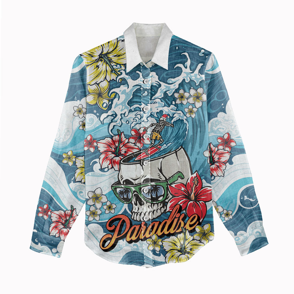 Hawaii Santa Skeleton Surfing Personalized Women Casual Shirt Mele Kalikimaka i Iulai! LT9 - Polynesian Pride