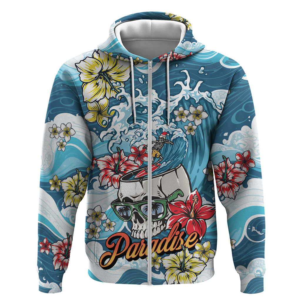 Hawaii Santa Skeleton Surfing Personalized Zip Hoodie Mele Kalikimaka i Iulai! LT9 Zip Hoodie Blue - Polynesian Pride