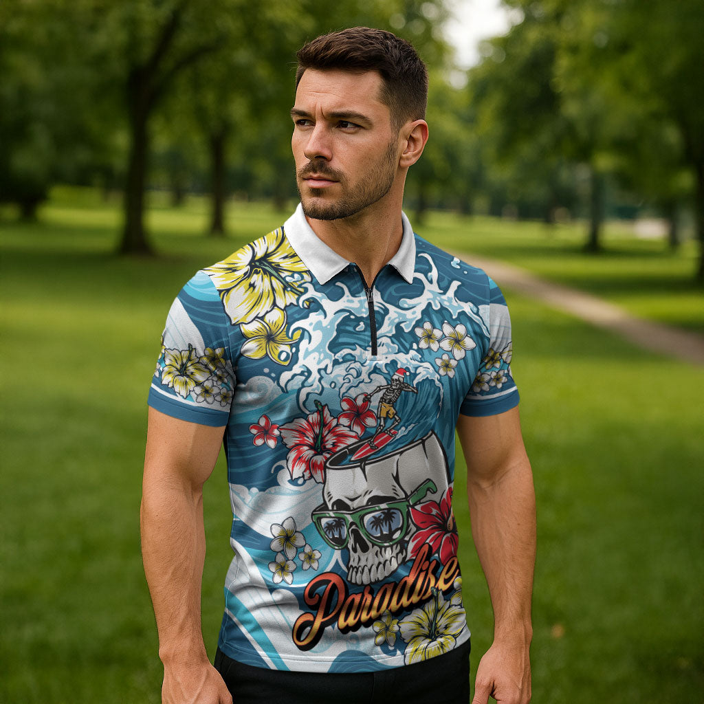 Hawaii Santa Skeleton Surfing Personalized Zipper Polo Shirt Mele Kalikimaka i Iulai!