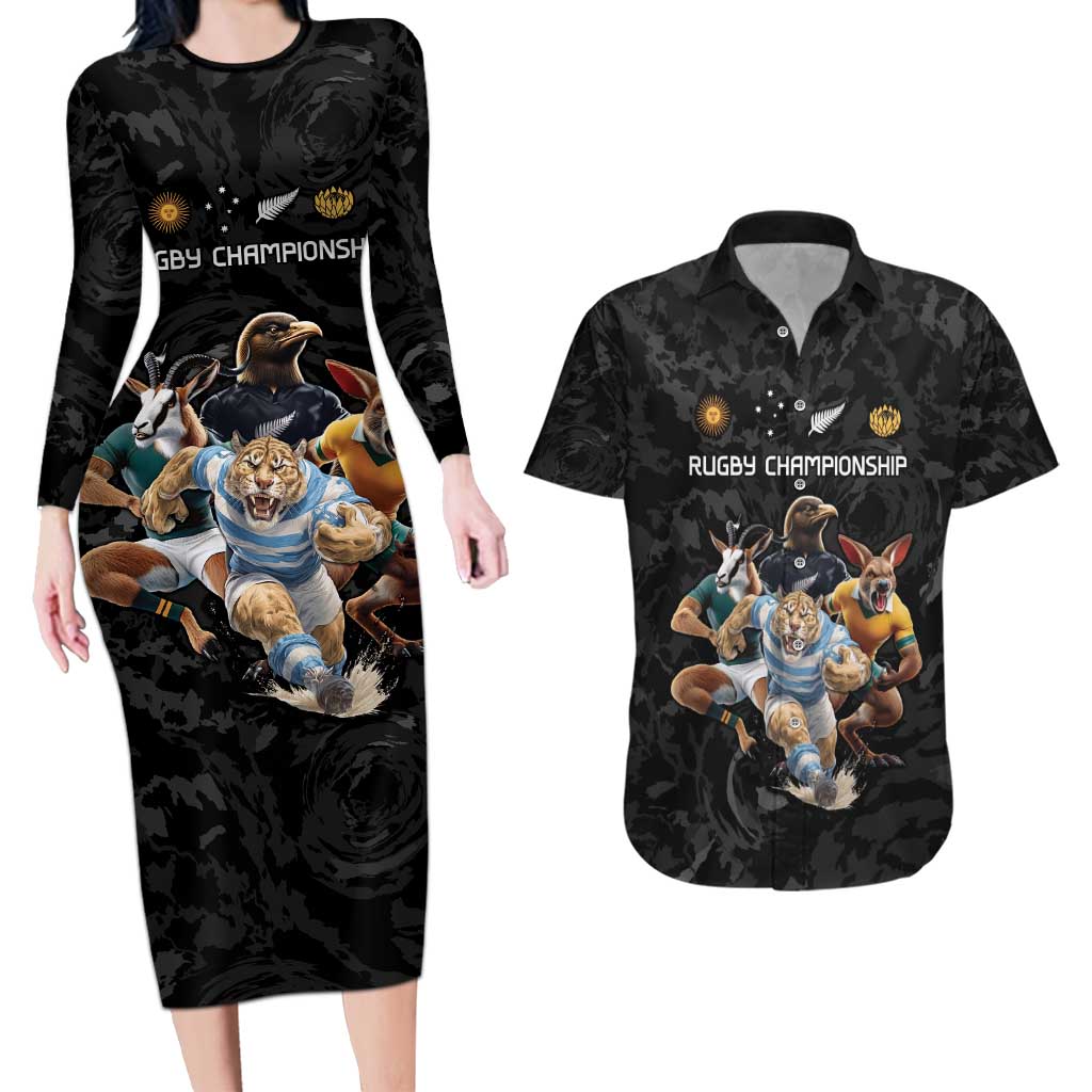 Custom Rugby Southern Hemisphere Couples Matching Long Sleeve Bodycon Dress and Hawaiian Shirt Argentina AUNZ South Africa Mascot Black - Polynesian Pride