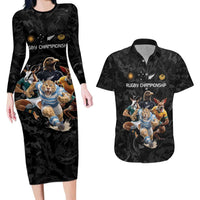 Custom Rugby Southern Hemisphere Couples Matching Long Sleeve Bodycon Dress and Hawaiian Shirt Argentina AUNZ South Africa Mascot Black - Polynesian Pride