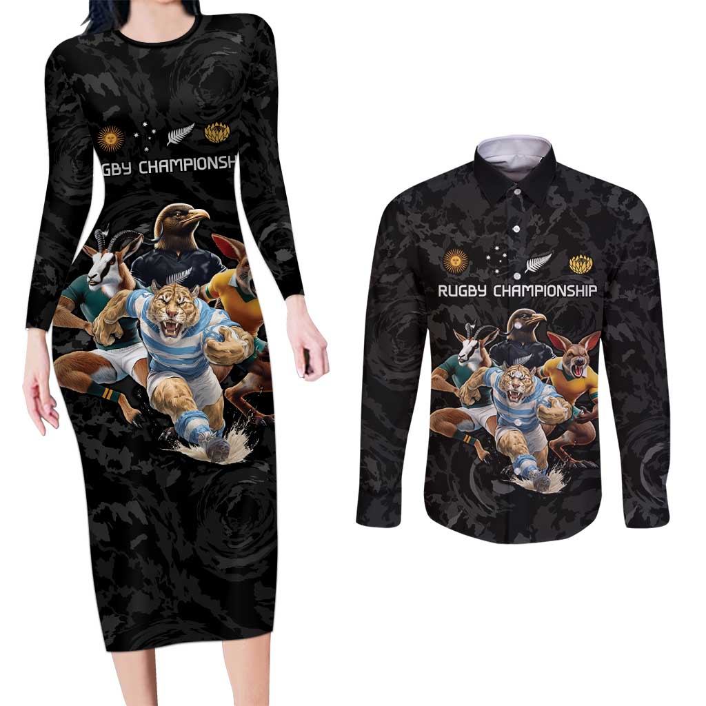 Custom Rugby Southern Hemisphere Couples Matching Long Sleeve Bodycon Dress and Long Sleeve Button Shirt Argentina AUNZ South Africa Mascot Black - Polynesian Pride