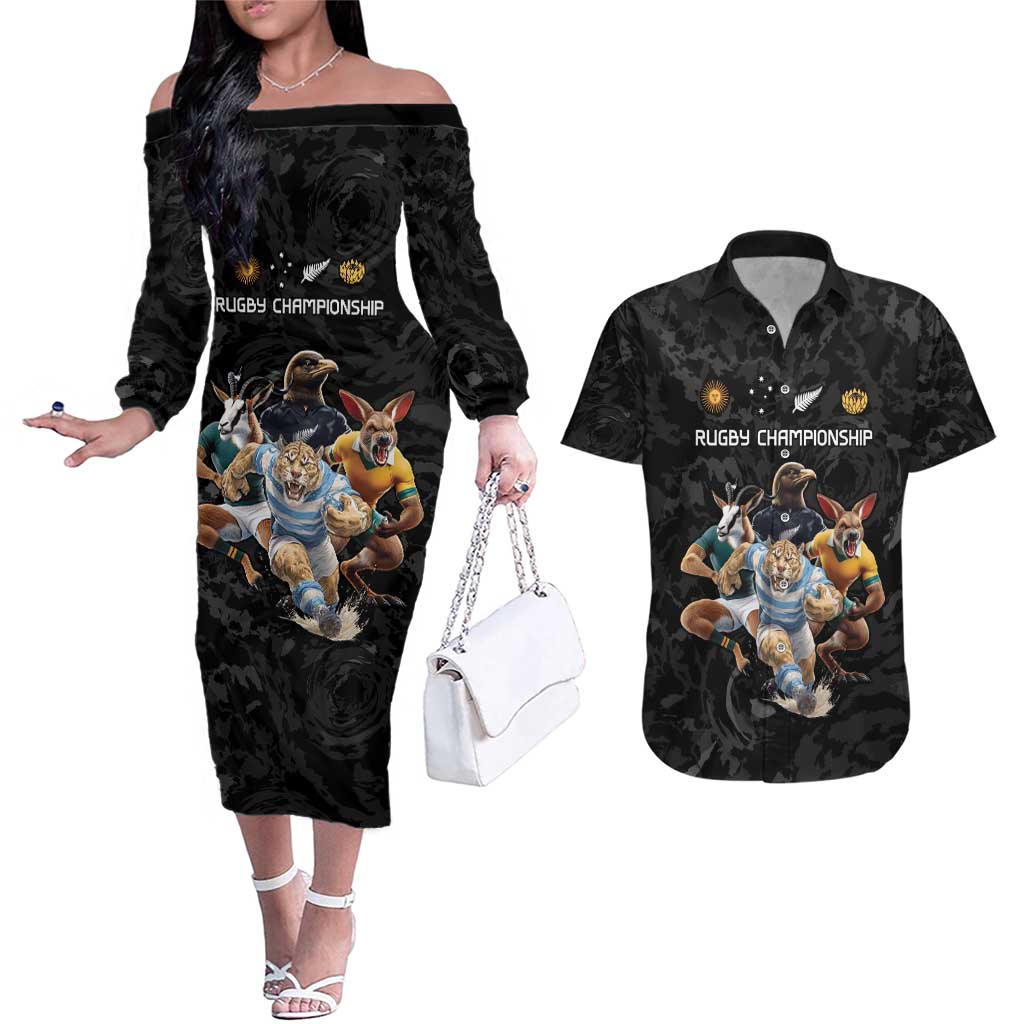 Custom Rugby Southern Hemisphere Couples Matching Off The Shoulder Long Sleeve Dress and Hawaiian Shirt Argentina AUNZ South Africa Mascot Black - Polynesian Pride