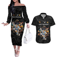 Custom Rugby Southern Hemisphere Couples Matching Off The Shoulder Long Sleeve Dress and Hawaiian Shirt Argentina AUNZ South Africa Mascot Black - Polynesian Pride