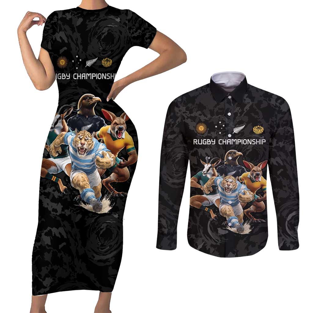 Custom Rugby Southern Hemisphere Couples Matching Short Sleeve Bodycon Dress and Long Sleeve Button Shirt Argentina AUNZ South Africa Mascot Black - Polynesian Pride
