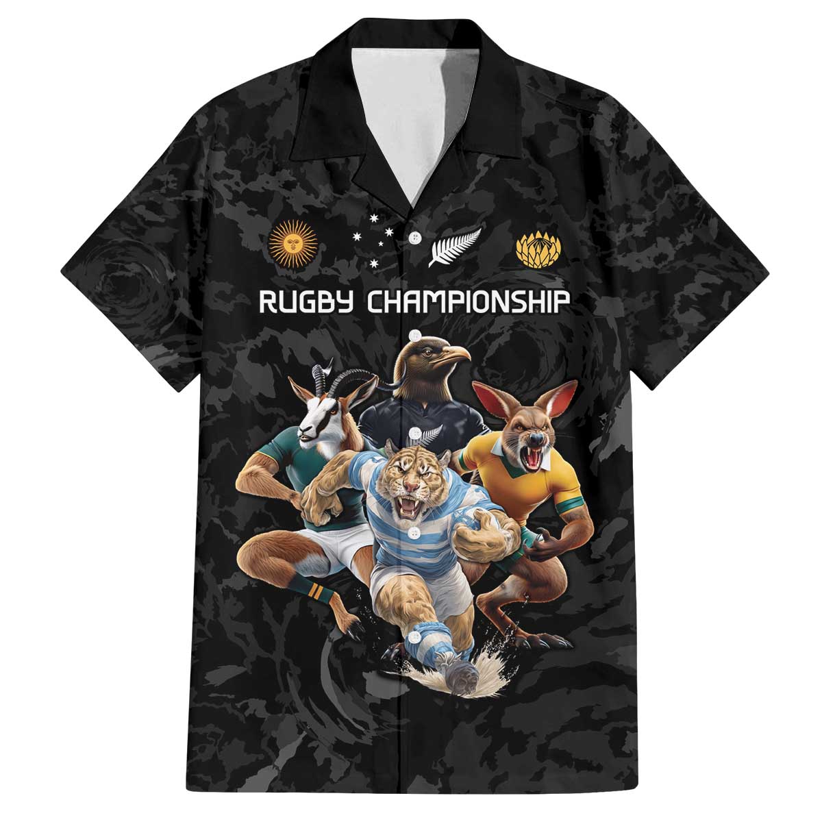 Custom Rugby Southern Hemisphere Family Matching Off The Shoulder Long Sleeve Dress and Hawaiian Shirt Argentina AUNZ South Africa Mascot Black - Polynesian Pride