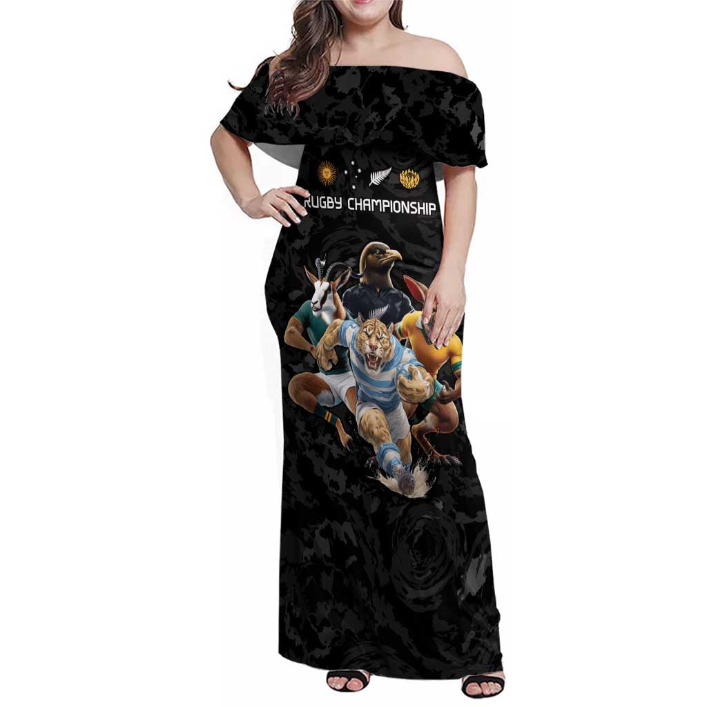 Custom Rugby Southern Hemisphere Family Matching Off Shoulder Maxi Dress and Hawaiian Shirt Argentina AUNZ South Africa Mascot Black - Polynesian Pride