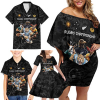 Custom Rugby Southern Hemisphere Family Matching Off Shoulder Short Dress and Hawaiian Shirt Argentina AUNZ South Africa Mascot Black - Polynesian Pride