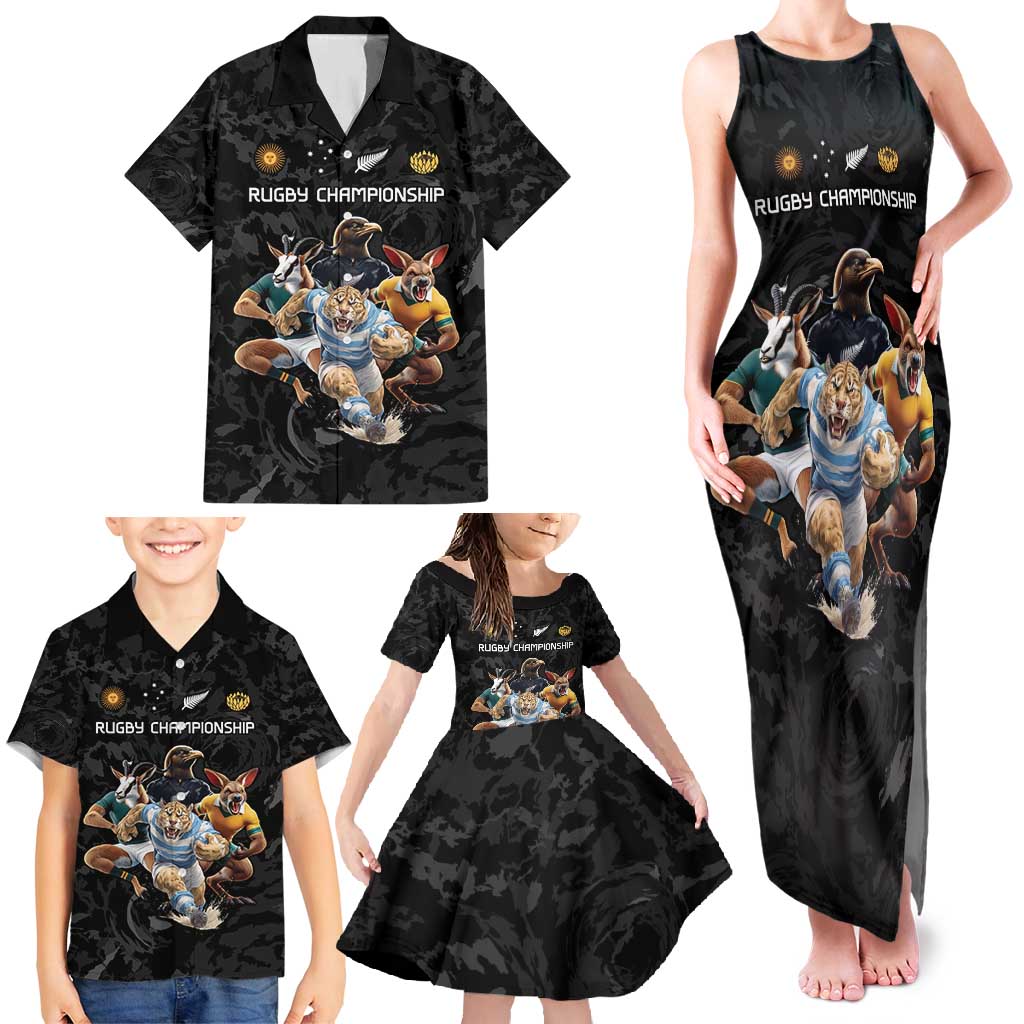 Custom Rugby Southern Hemisphere Family Matching Tank Maxi Dress and Hawaiian Shirt Argentina AUNZ South Africa Mascot Black - Polynesian Pride