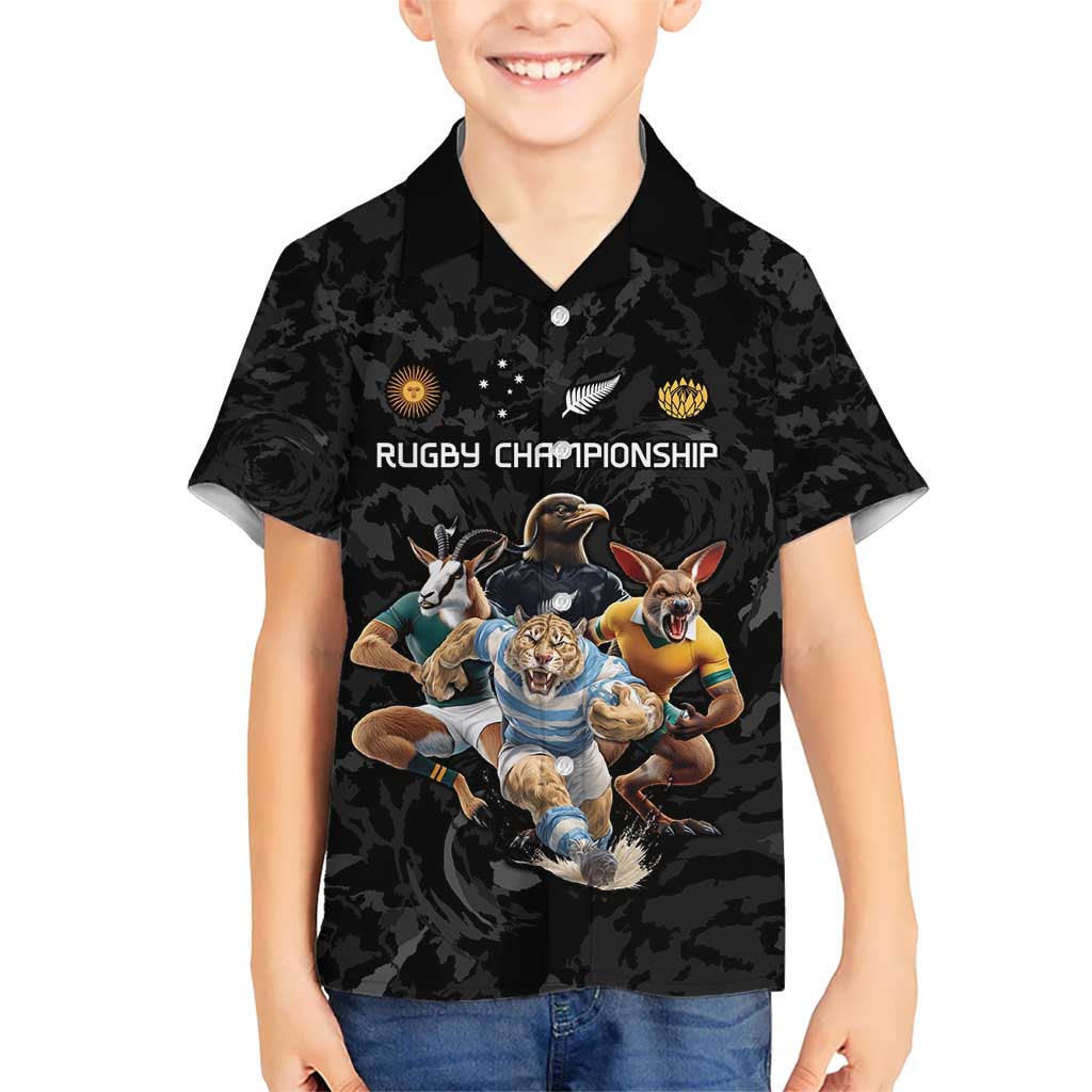 Custom Rugby Southern Hemisphere Kid Hawaiian Shirt Argentina AUNZ South Africa Mascot Black - Polynesian Pride