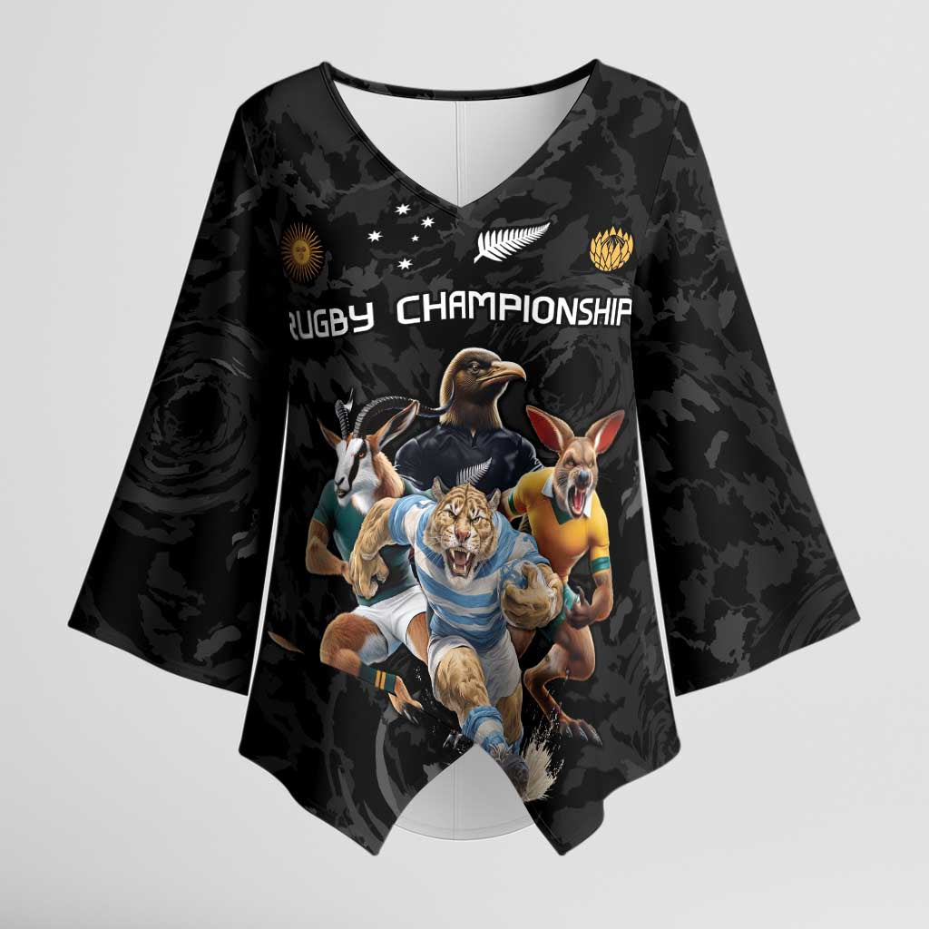 Custom Rugby Southern Hemisphere Kimono Sleeve Blouse Argentina AUNZ South Africa Mascot Black - Polynesian Pride