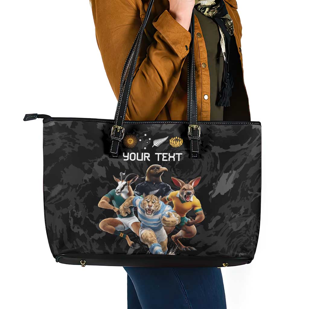 Custom Rugby Southern Hemisphere Leather Tote Bag Argentina AUNZ South Africa Mascot Black - Polynesian Pride