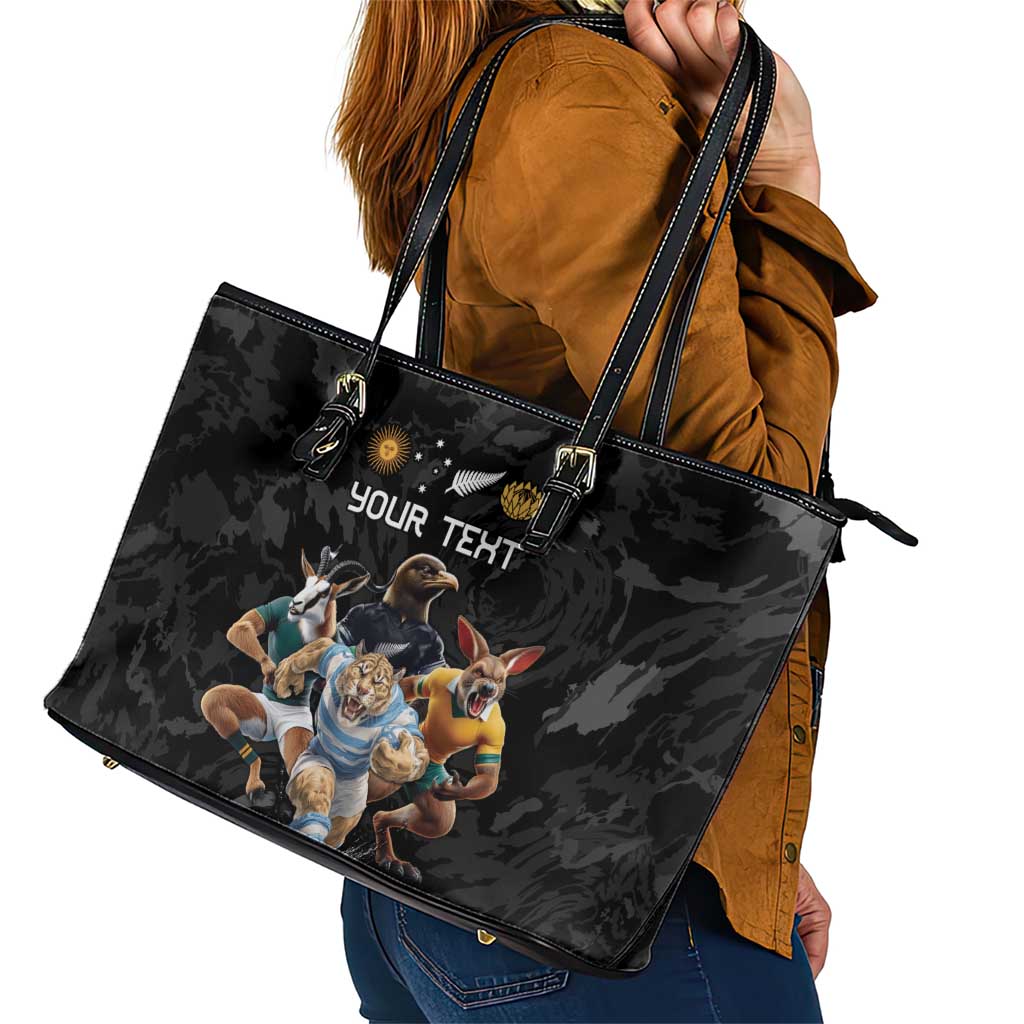 Custom Rugby Southern Hemisphere Leather Tote Bag Argentina AUNZ South Africa Mascot Black - Polynesian Pride
