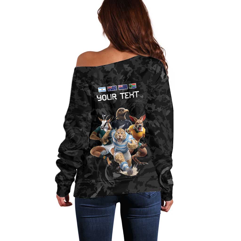 Custom Rugby Southern Hemisphere Off Shoulder Sweater Argentina AUNZ South Africa Mascot Black - Polynesian Pride