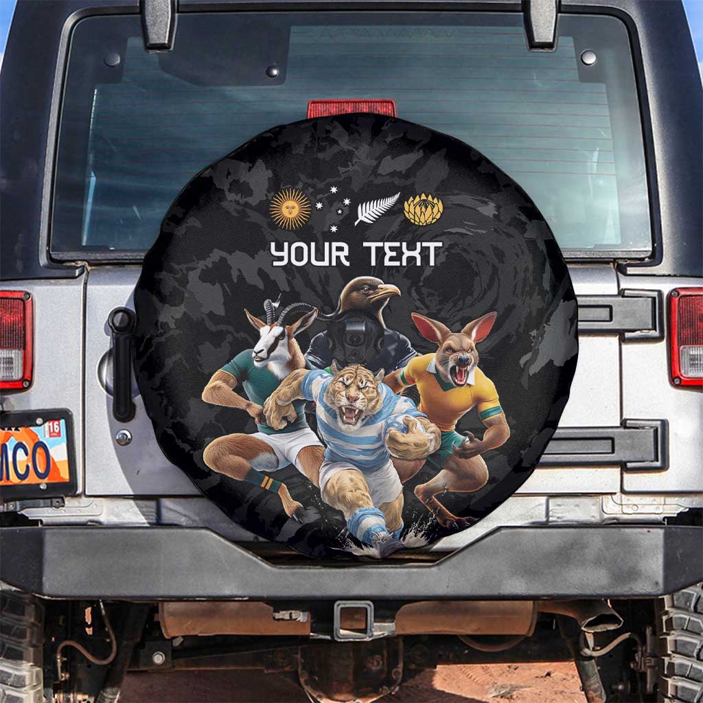 Custom Rugby Southern Hemisphere Spare Tire Cover Argentina AUNZ South Africa Mascot Black - Polynesian Pride