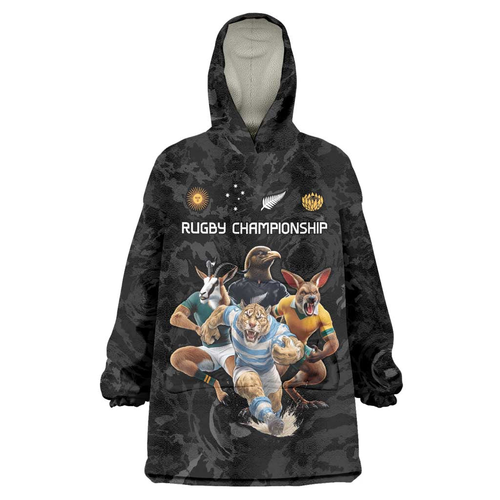 Custom Rugby Southern Hemisphere Wearable Blanket Hoodie Argentina AUNZ South Africa Mascot Black - Polynesian Pride