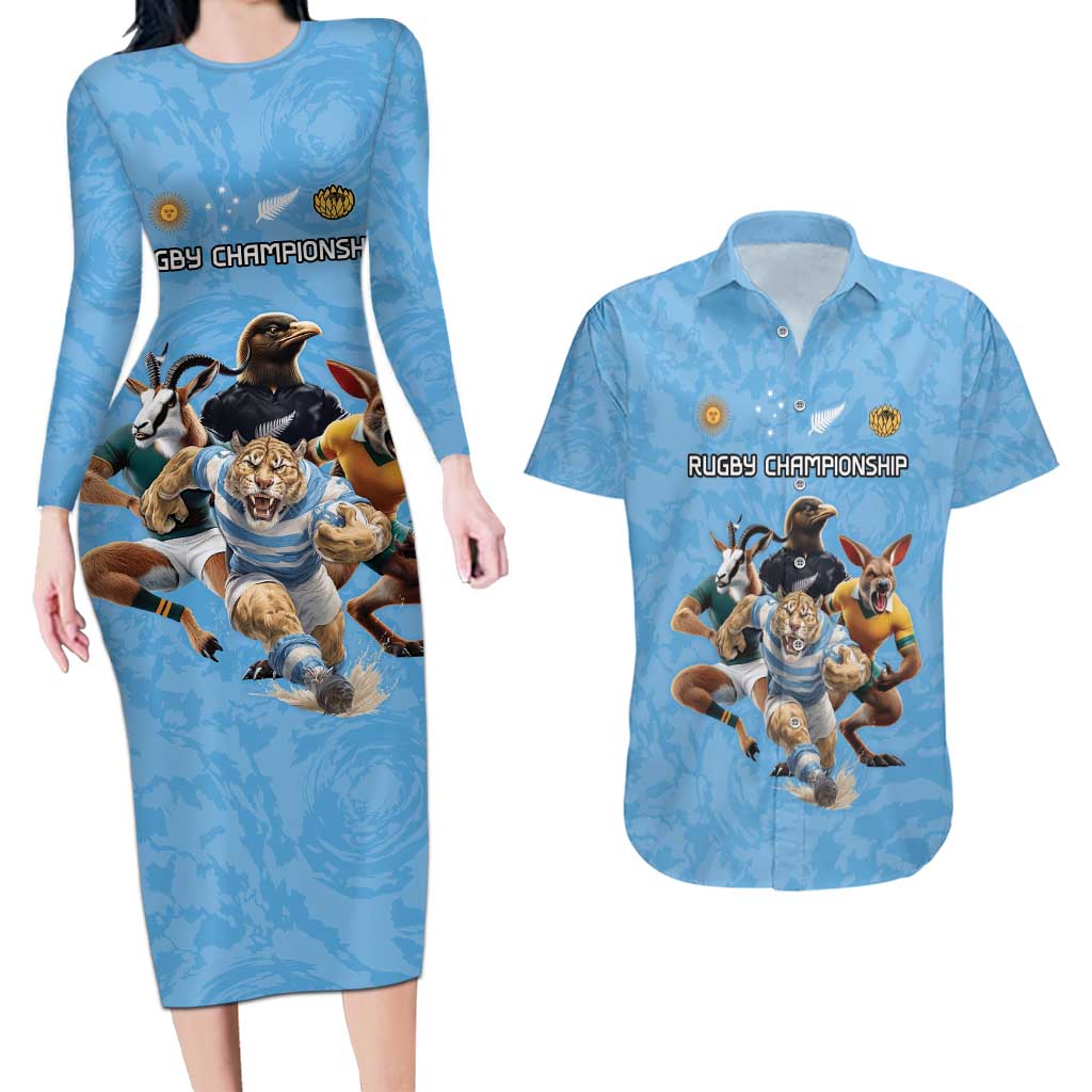 Custom Rugby Southern Hemisphere Couples Matching Long Sleeve Bodycon Dress and Hawaiian Shirt Argentina AUNZ South Africa Mascot Blue - Polynesian Pride