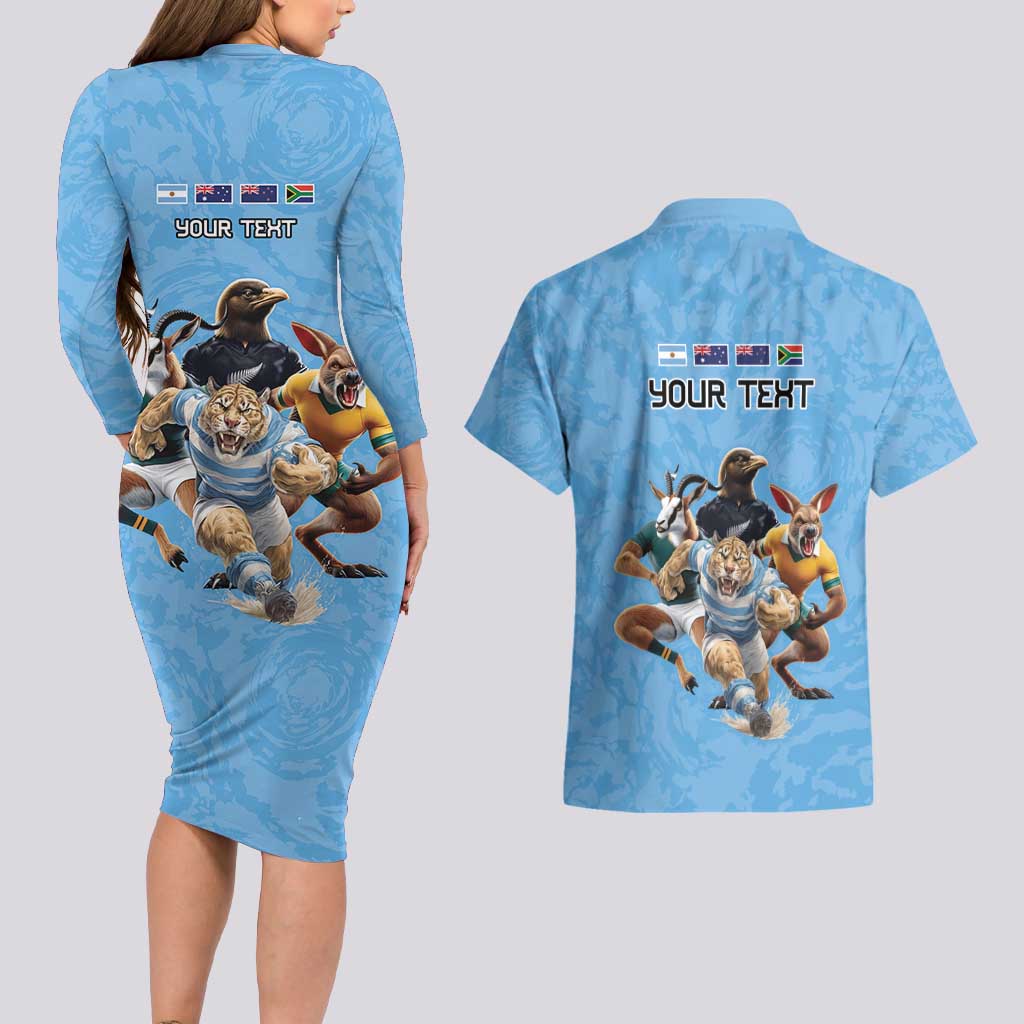 Custom Rugby Southern Hemisphere Couples Matching Long Sleeve Bodycon Dress and Hawaiian Shirt Argentina AUNZ South Africa Mascot Blue - Polynesian Pride