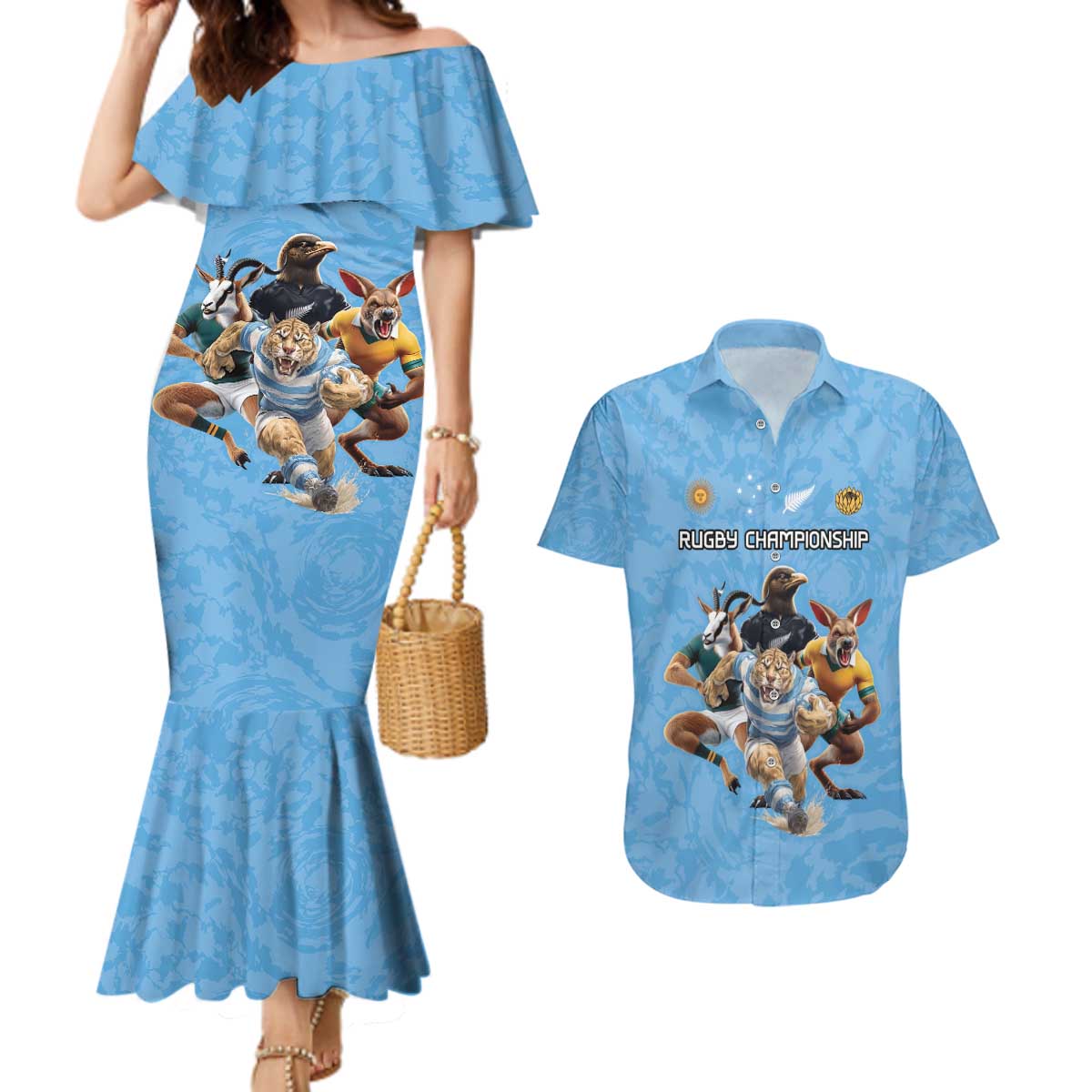 Custom Rugby Southern Hemisphere Couples Matching Mermaid Dress and Hawaiian Shirt Argentina AUNZ South Africa Mascot Blue - Polynesian Pride