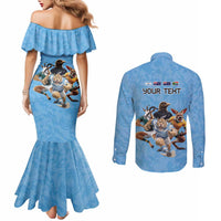Custom Rugby Southern Hemisphere Couples Matching Mermaid Dress and Long Sleeve Button Shirt Argentina AUNZ South Africa Mascot Blue - Polynesian Pride