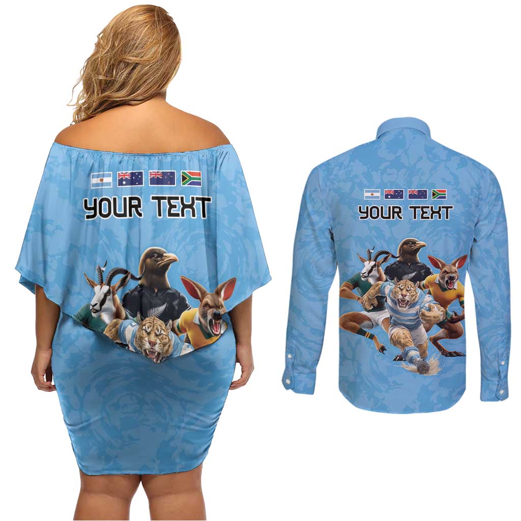 Custom Rugby Southern Hemisphere Couples Matching Off Shoulder Short Dress and Long Sleeve Button Shirt Argentina AUNZ South Africa Mascot Blue - Polynesian Pride