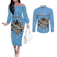 Custom Rugby Southern Hemisphere Couples Matching Off The Shoulder Long Sleeve Dress and Long Sleeve Button Shirt Argentina AUNZ South Africa Mascot Blue - Polynesian Pride