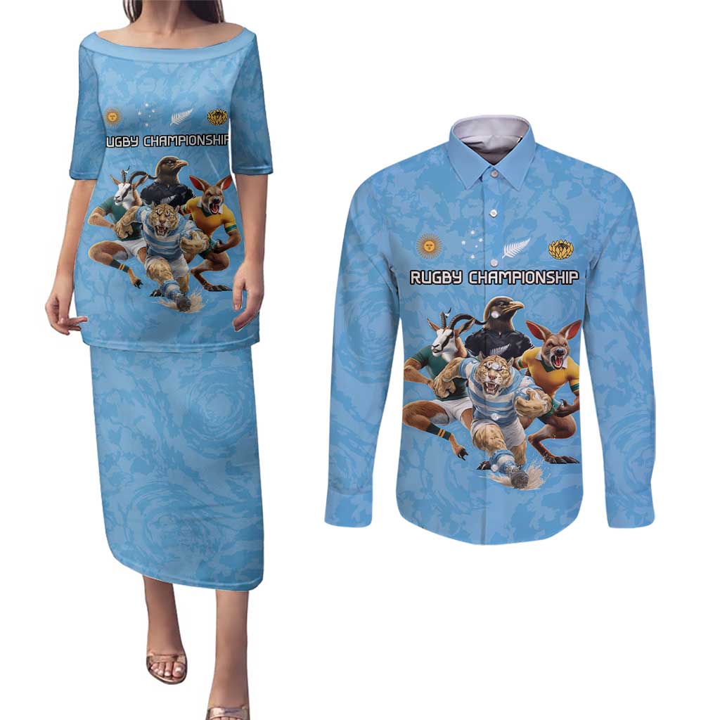 Custom Rugby Southern Hemisphere Couples Matching Puletasi and Long Sleeve Button Shirt Argentina AUNZ South Africa Mascot Blue - Polynesian Pride