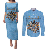 Custom Rugby Southern Hemisphere Couples Matching Puletasi and Long Sleeve Button Shirt Argentina AUNZ South Africa Mascot Blue - Polynesian Pride