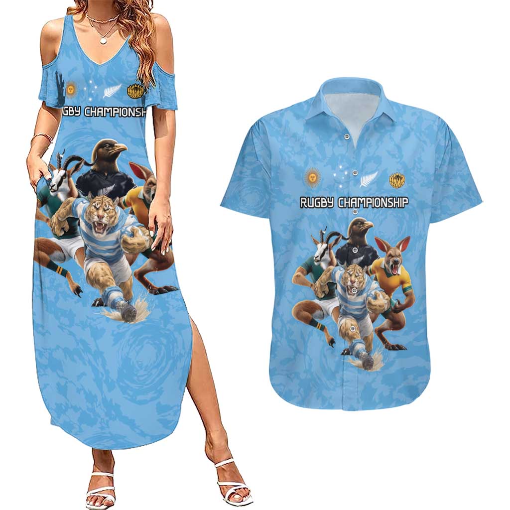 Custom Rugby Southern Hemisphere Couples Matching Summer Maxi Dress and Hawaiian Shirt Argentina AUNZ South Africa Mascot Blue - Polynesian Pride