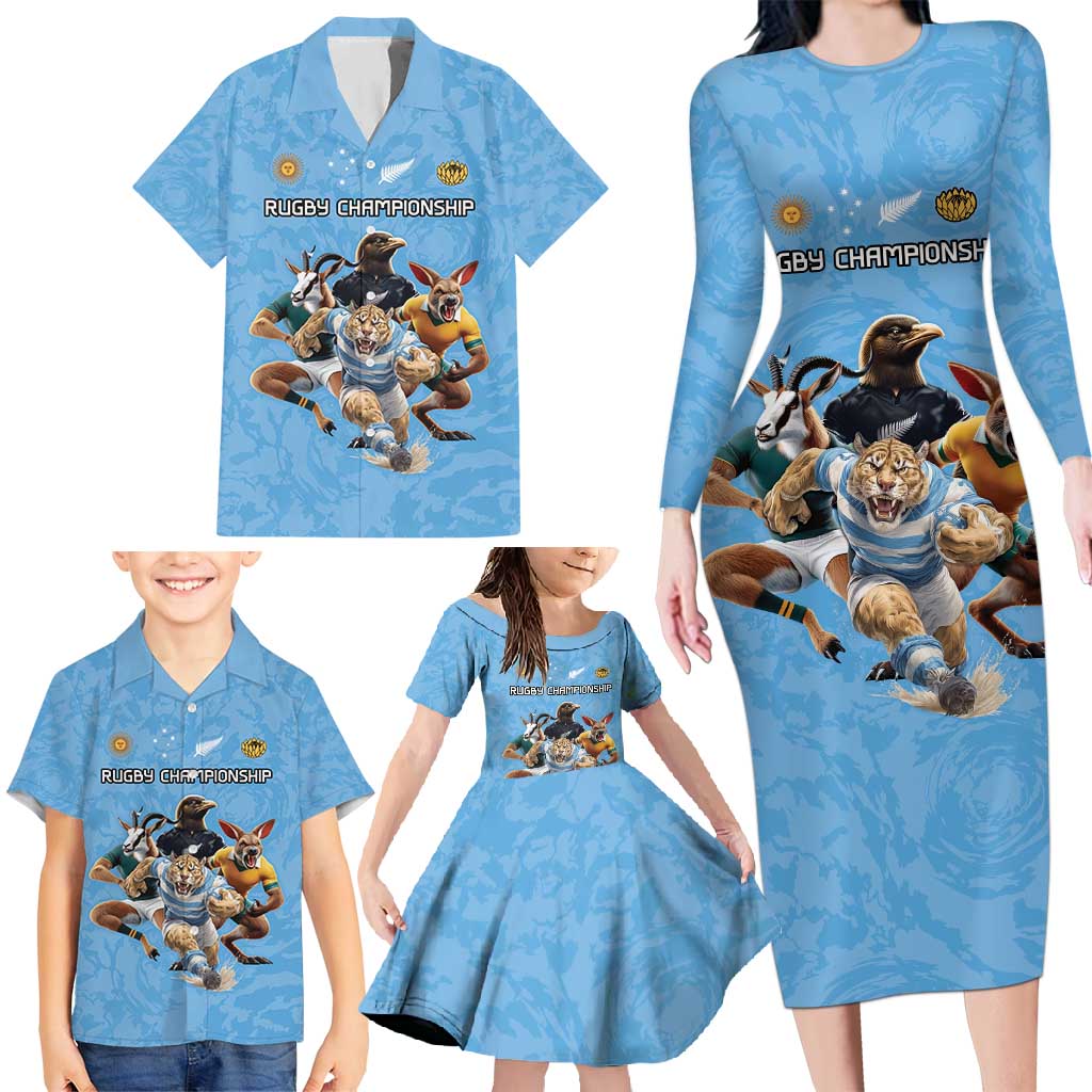 Custom Rugby Southern Hemisphere Family Matching Long Sleeve Bodycon Dress and Hawaiian Shirt Argentina AUNZ South Africa Mascot Blue - Polynesian Pride