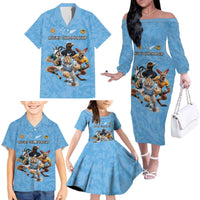 Custom Rugby Southern Hemisphere Family Matching Off The Shoulder Long Sleeve Dress and Hawaiian Shirt Argentina AUNZ South Africa Mascot Blue - Polynesian Pride
