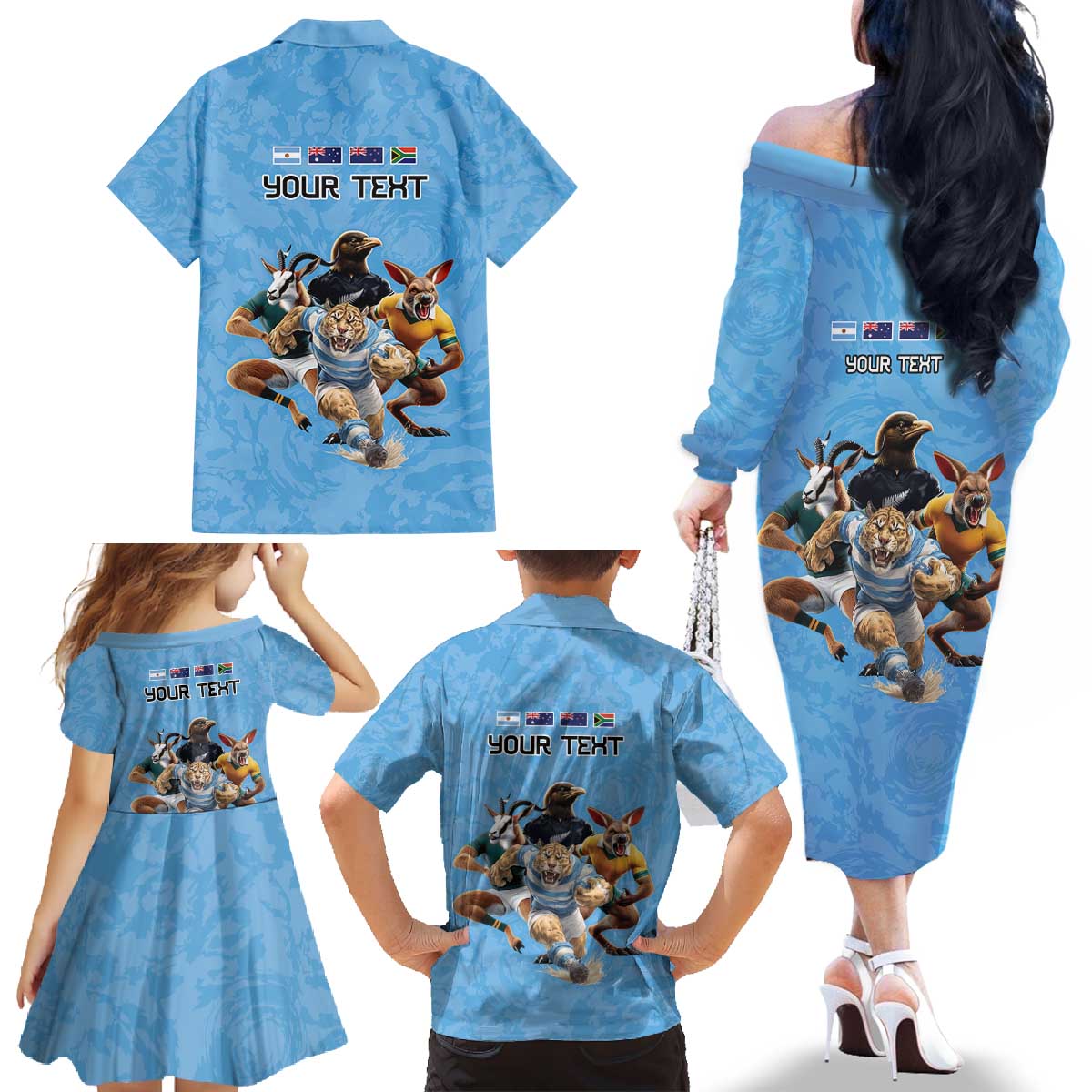 Custom Rugby Southern Hemisphere Family Matching Off The Shoulder Long Sleeve Dress and Hawaiian Shirt Argentina AUNZ South Africa Mascot Blue - Polynesian Pride