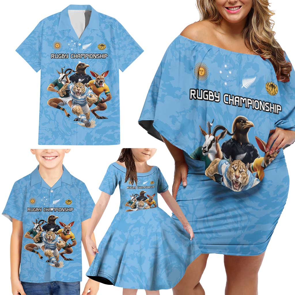 Custom Rugby Southern Hemisphere Family Matching Off Shoulder Short Dress and Hawaiian Shirt Argentina AUNZ South Africa Mascot Blue - Polynesian Pride