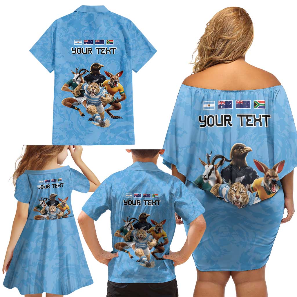 Custom Rugby Southern Hemisphere Family Matching Off Shoulder Short Dress and Hawaiian Shirt Argentina AUNZ South Africa Mascot Blue - Polynesian Pride