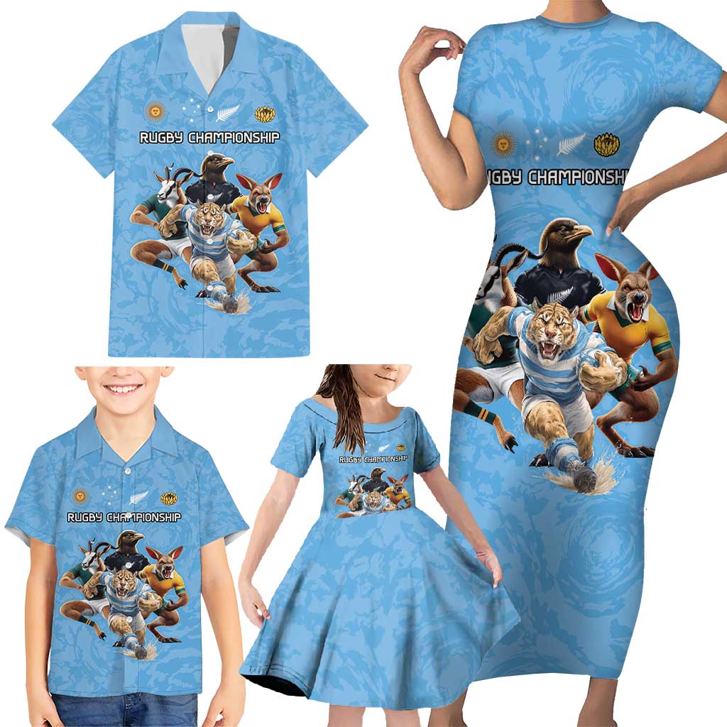 Custom Rugby Southern Hemisphere Family Matching Short Sleeve Bodycon Dress and Hawaiian Shirt Argentina AUNZ South Africa Mascot Blue - Polynesian Pride