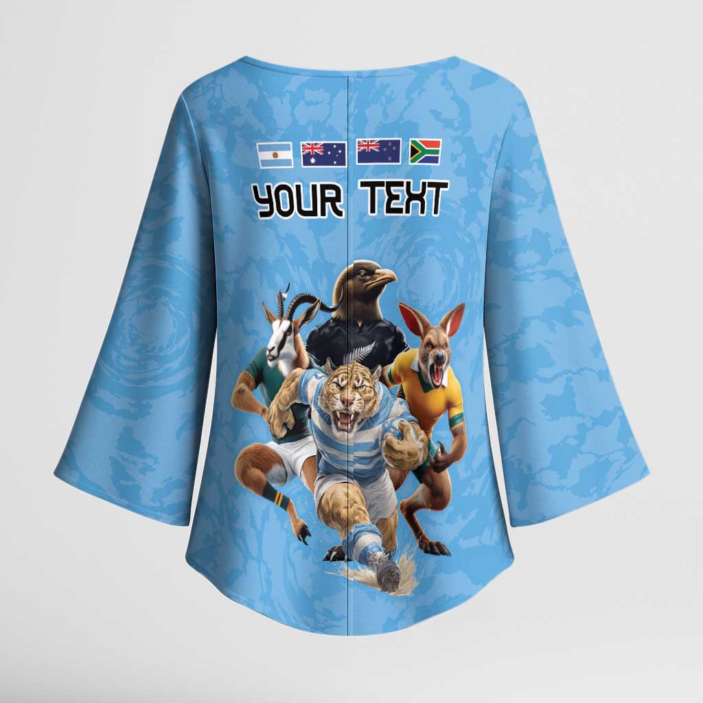 Custom Rugby Southern Hemisphere Kimono Sleeve Blouse Argentina AUNZ South Africa Mascot Blue - Polynesian Pride