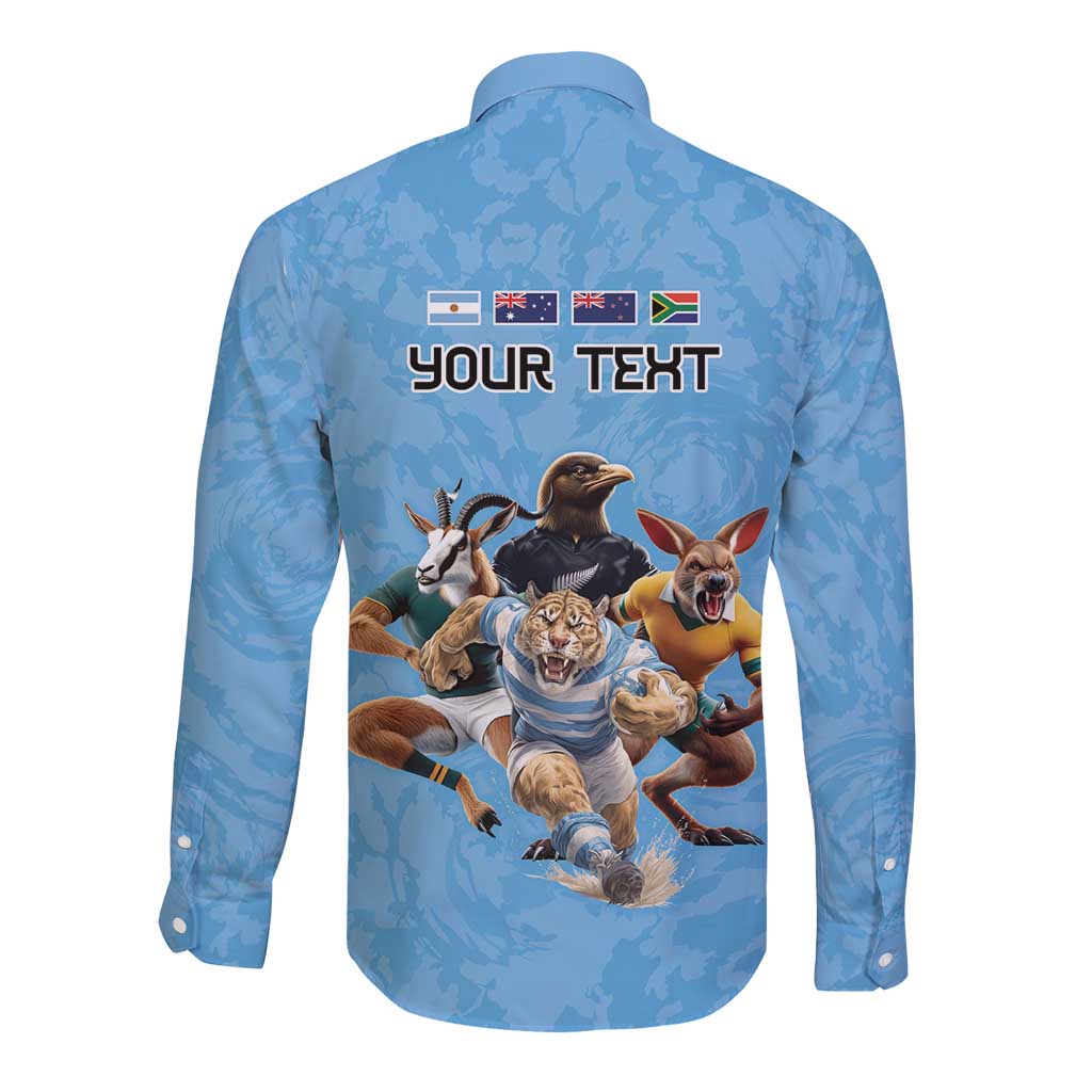Custom Rugby Southern Hemisphere Long Sleeve Button Shirt Argentina AUNZ South Africa Mascot Blue - Polynesian Pride