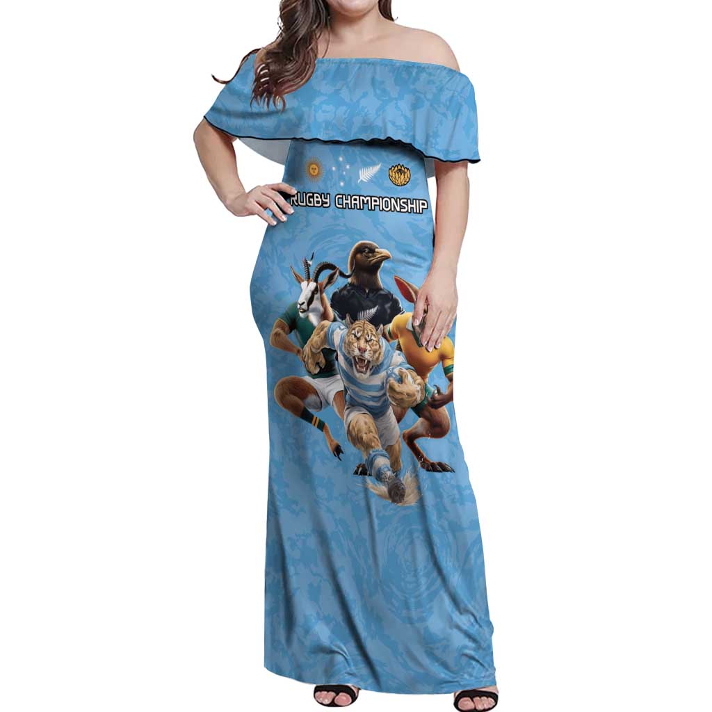 Custom Rugby Southern Hemisphere Off Shoulder Maxi Dress Argentina AUNZ South Africa Mascot Blue - Polynesian Pride
